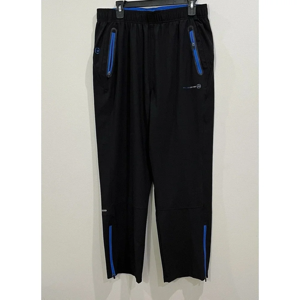 Free Country Men's Black Ankle Zip Micro-Tech Blue Accents Pants Large Y2K